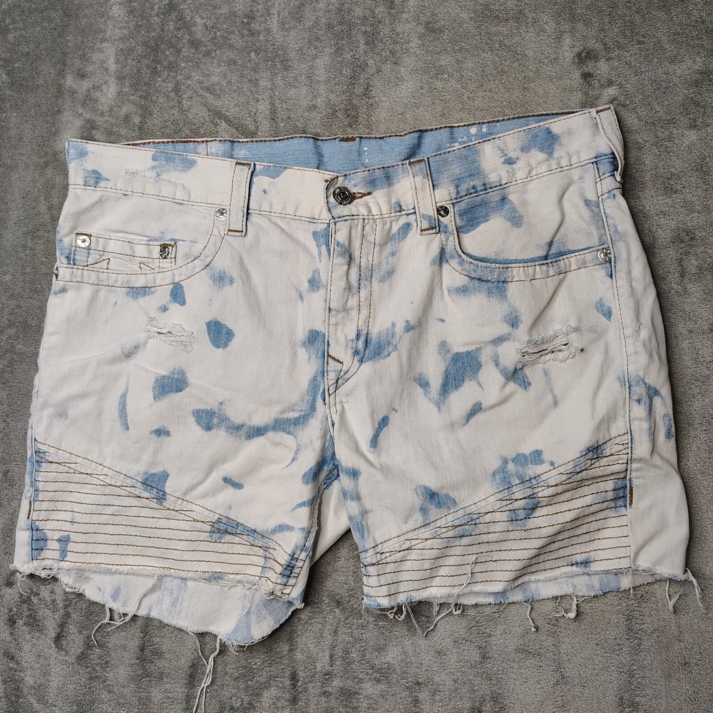 True Religion Moto Denim Shorts Mens 38 Blue White Tie Dye Bleached Cut Off Raw